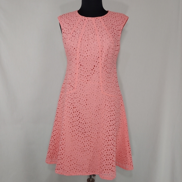 London Times Dresses & Skirts - London Times Dress Sleeveless Eyelet Fit Flare Floral Cotton Lined Coral Pink 8